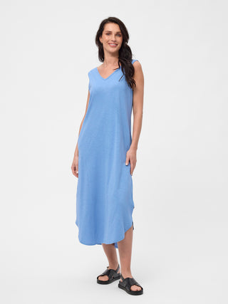 Sommerkjole til kvinder i blå med V-udskæring og ærmeløst design – afslappet pasform i midi-længde