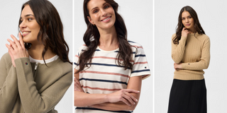 Moderne kvindetøj fra Redgreen – tæt på vises beige strikcardigan, klassisk T-shirt med striber i navy og terracotta samt sandfarvet kabelstriktrøje. Komfortabel og stilfuld damebeklædning til både hverdag og fritid.