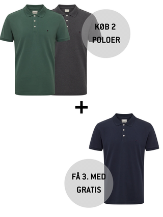Herrepoloshirts fra Redgreen i grøn, mørkegrå og navy – køb 2 poloer og få den 3. gratis som en del af kampagnetilbud