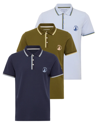 Redgreen herrepoloshirts i navy, olivengrøn og lyseblå – sejlerinspireret design med broderet logo og kontrastkanter