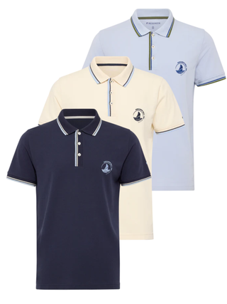 Herrepoloshirts fra Redgreen i navy, creme og lyseblå – klassisk sejlerdesign med logo og kontrastdetaljer