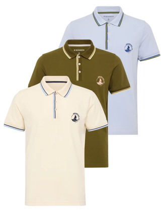 Herrepoloshirts fra Redgreen i creme, olivengrøn og lyseblå – klassisk sejlerstil med broderet logo og kontrastkrave