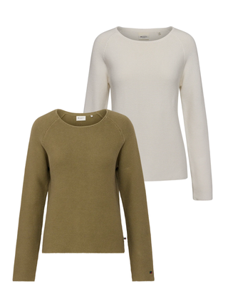 Damesweater i armygrøn og råhvid fra Redgreen – strikket bomuldsblanding / raglanærmer / casual fit