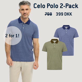 Mand iført Celo Polo 2-Pack fra Redgreen – blå og olivengrøn polo med kontrastkrave, tilbud 2 for 1 til 399 DKK. Perfekt sommertilbud på klassiske herrepoloer i høj kvalitet.